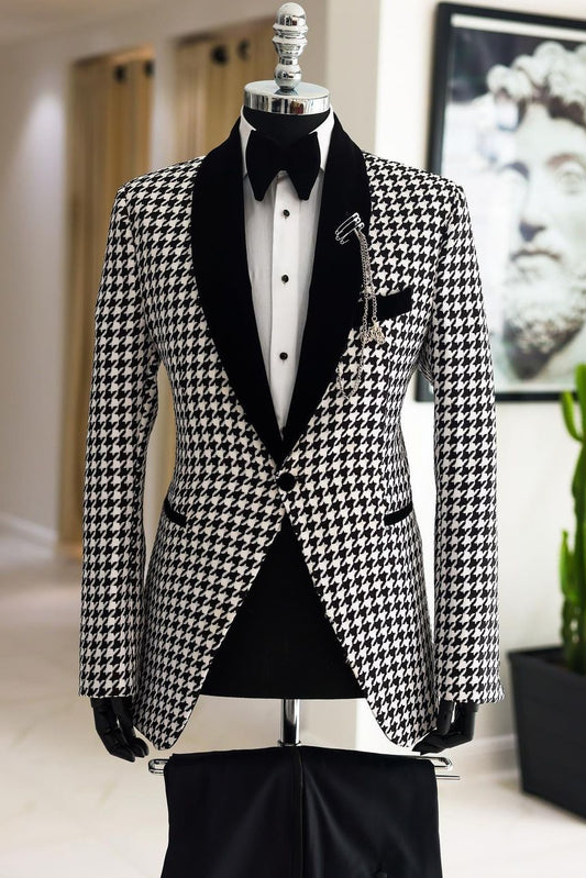 Vintage Shawl Lapel One Button Houndstooth Black Men's Formal Suit