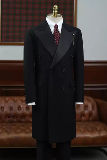 Black Peaked Lapel Double-Breasted Mid-Length Coat
