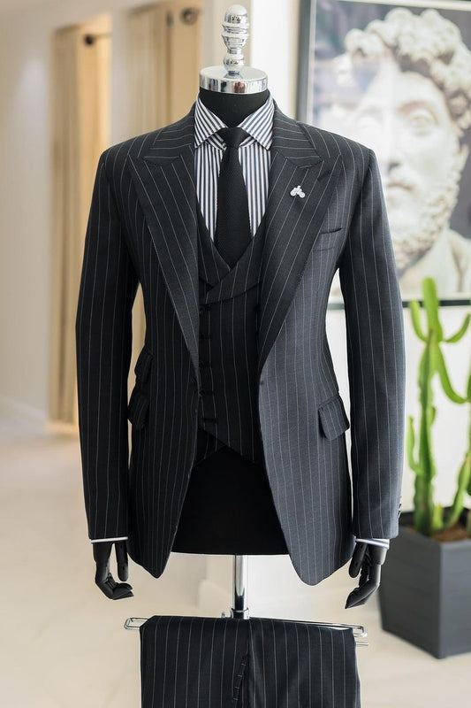 Formal 3 Piece Dark Gray Pinstripe Men's Business Suit with Waistcoat