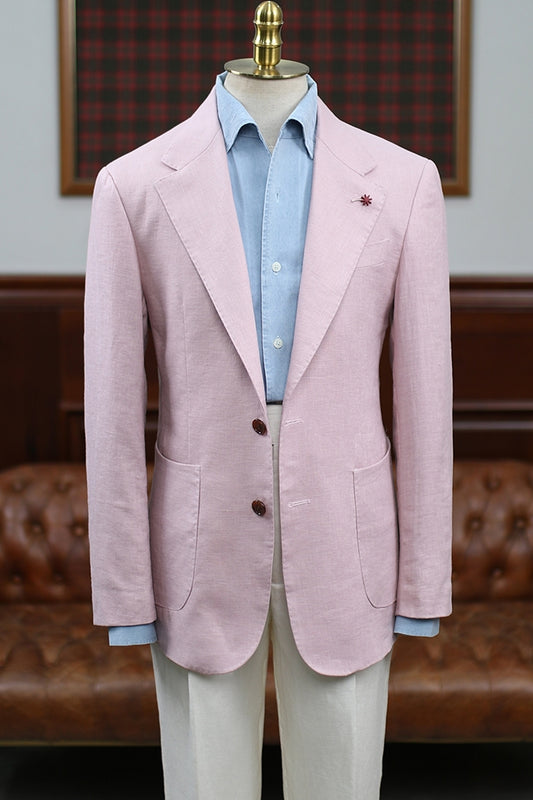 Lovely Pink Linen Best Fitted Prom Men Suit with Black Pants