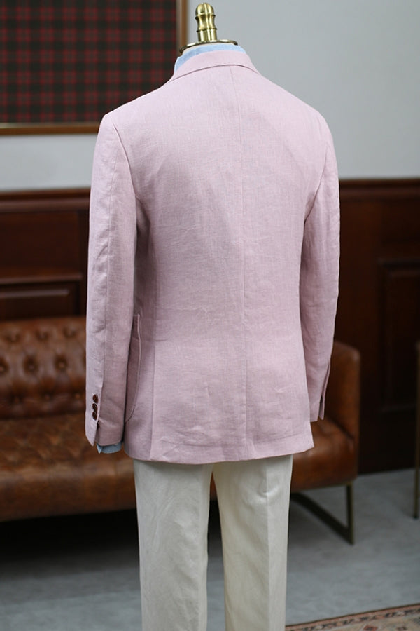 Lovely Pink Linen Best Fitted Prom Men Suit with Black Pants