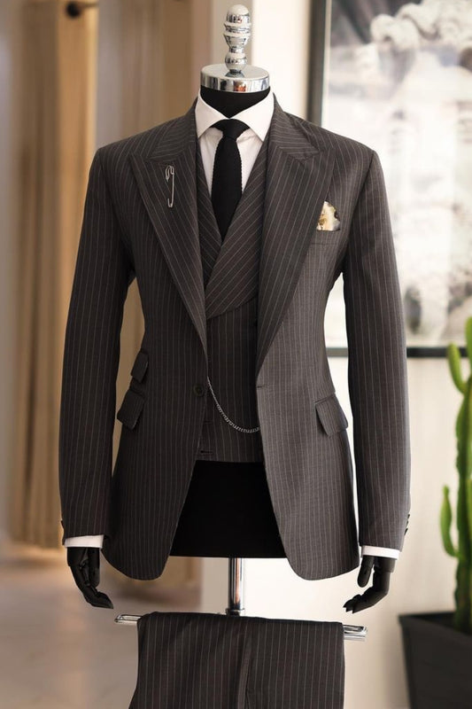 Well-Fitted 3 Piece Coffee Brown Pinstripe Men's Business Suit with Waistcoat