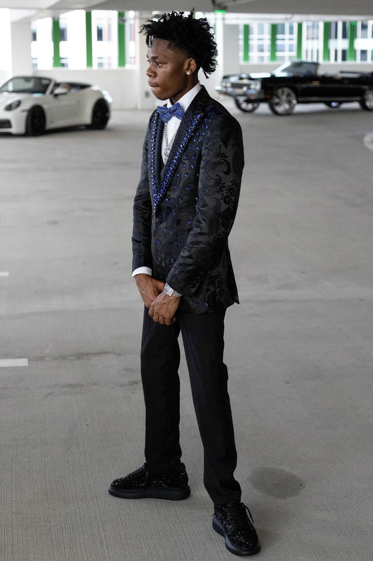 Stunning 3 Piece Black Jacquard Prom Suit with Blue Beads Crystals