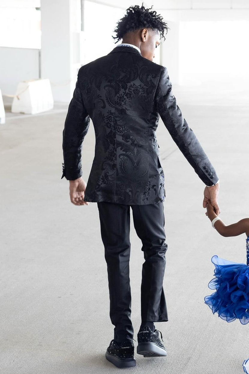 Stunning 3 Piece Black Jacquard Prom Suit with Blue Beads Crystals