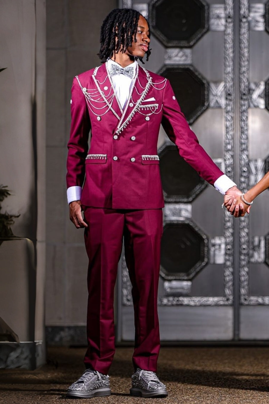 Latest Double Breasted Mulberry Prom Suit with Silver Chains Tassels