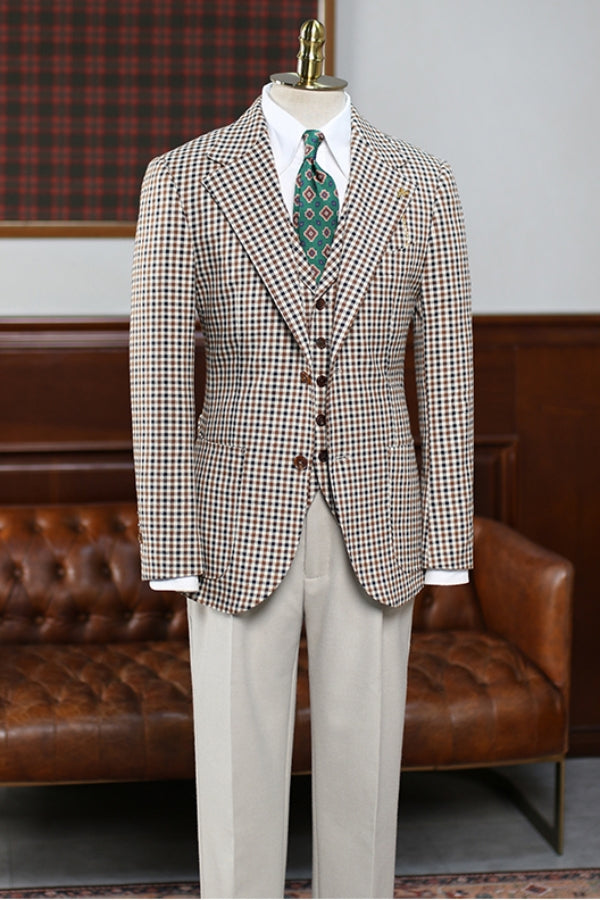 Fashion Blue Plaid Three Pieces Notched Lapel Men Suits