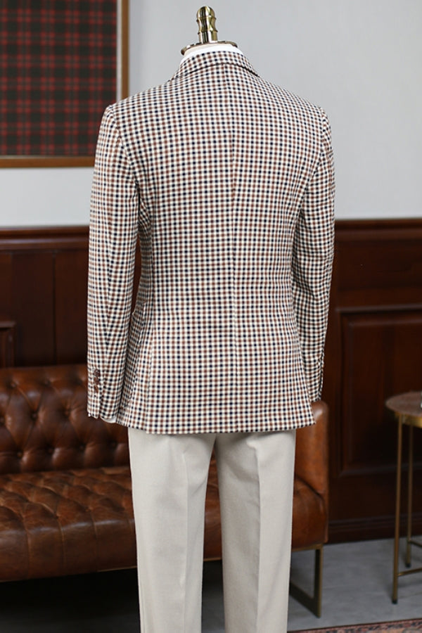 Fashion Blue Plaid Three Pieces Notched Lapel Men Suits