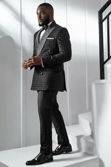 Black Houndstooth Peak Lapel Double Breasted Men Suit