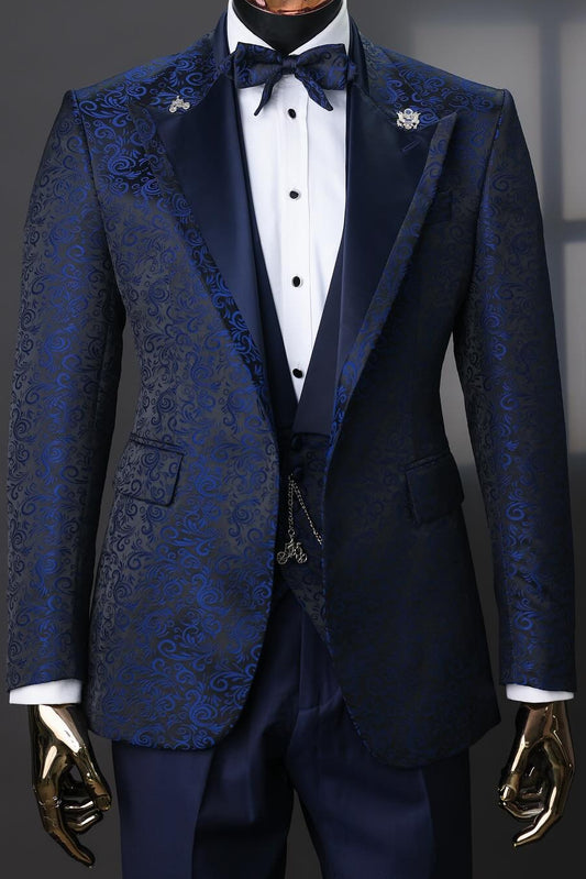 Navy Blue Jacquard 3 Piece Wedding Tuxedo Popular Designed Prom Suit