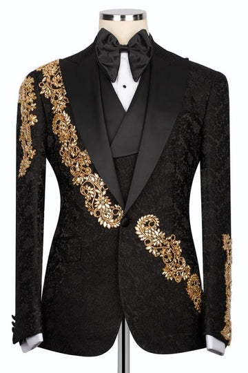 Black 3-Pieces Jacquard Wedding Groom Suits with Gold Crystal
