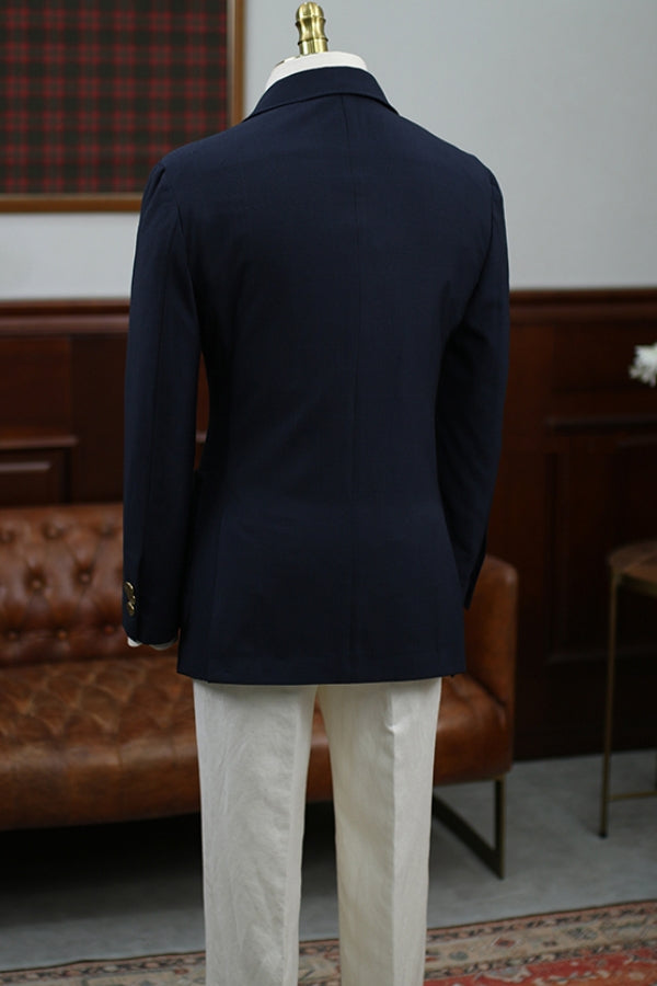 Dark Navy Double Breasted Bespoke Men Suit with White Pants