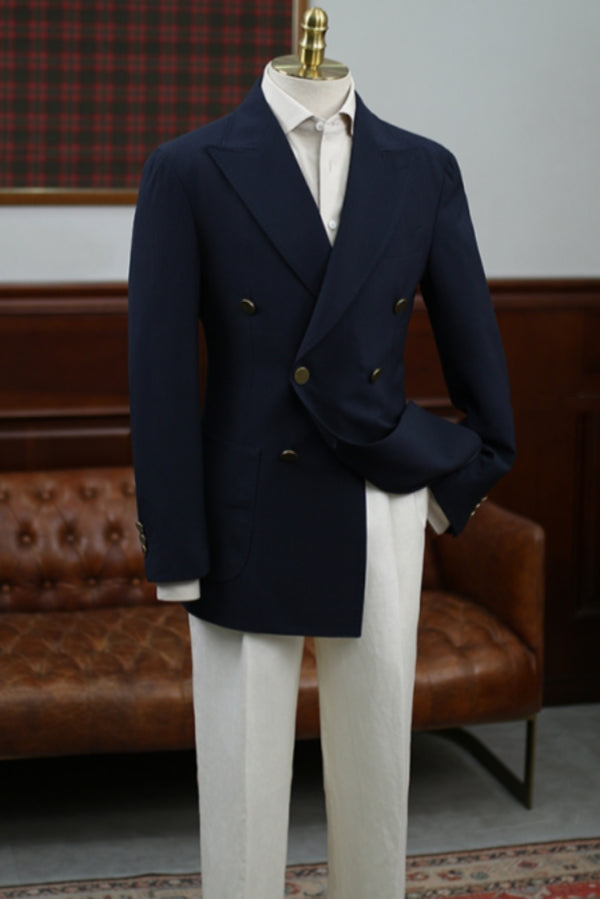 Dark Navy Double Breasted Bespoke Men Suit with White Pants