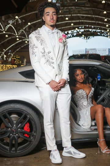 Pure White 3 Piece Silver Crystals Appliqué Prom Suit Wedding Tuxedo
