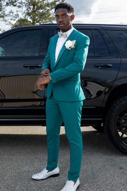 New In 2 Piece Satin Shawl Lapel Green Suit for Groomsmen Prom Wedding
