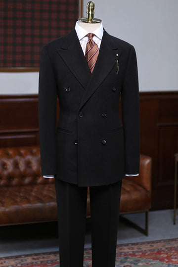 Classic Black Double Breasted Close Fitting Men Suit