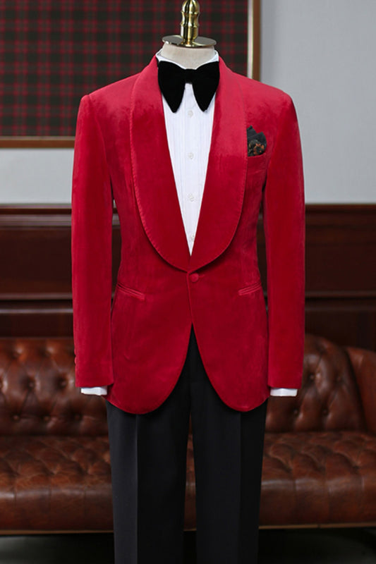 Hot Red Velvet Shawl Lapel One Button Prom Suit
