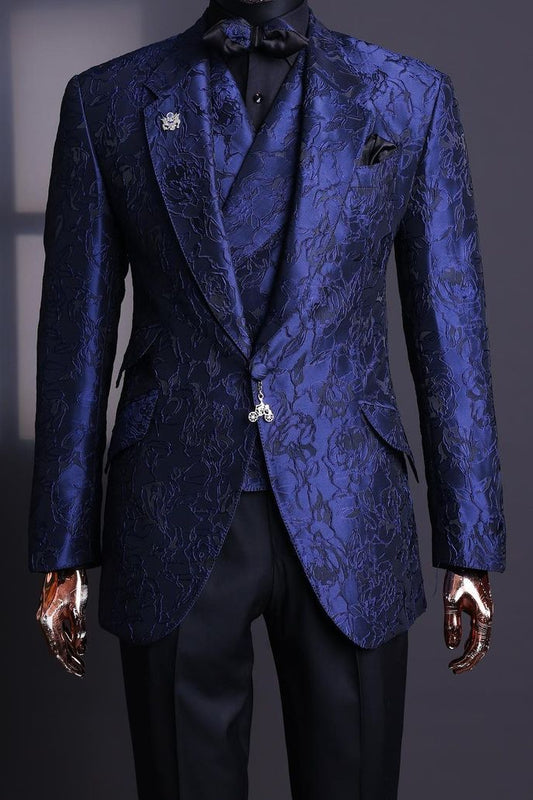 Structured Royal Blue Jacquard 3 Piece Men's Prom Suit Wedding Tuxedo