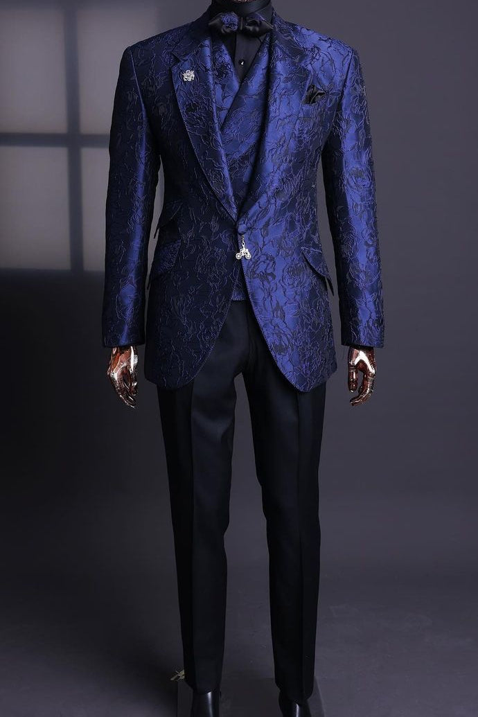 Structured Royal Blue Jacquard 3 Piece Men's Prom Suit Wedding Tuxedo