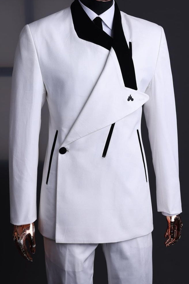 Avant-garde One-Side Lapel Black Edge Banding White Formal Prom Suit