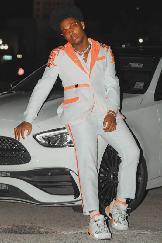 New Arrival Orange Sequin Beaded Appliqué Prom Suit with Buckle