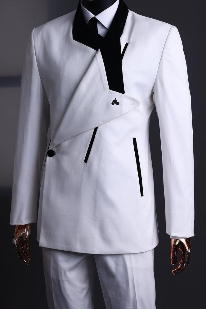 Avant-garde One-Side Lapel Black Edge Banding White Formal Prom Suit