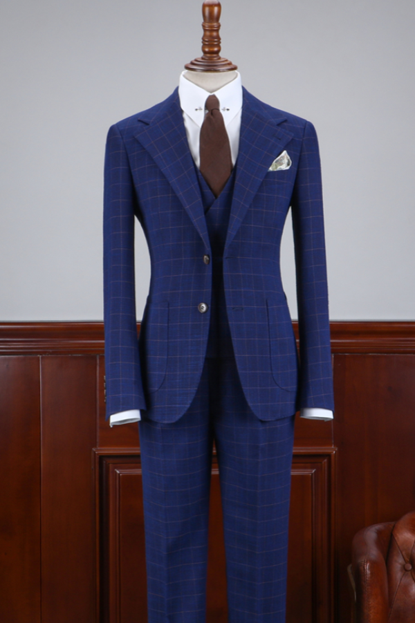Dark Blue Plaid Notched Lapel 3-Piece Business Suits