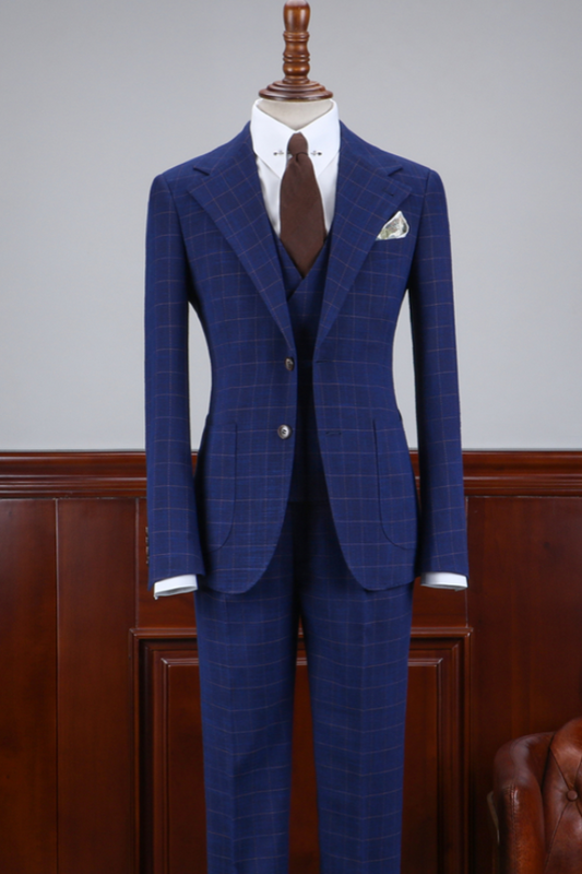 Dark Blue Plaid Notched Lapel 3-Piece Business Suits