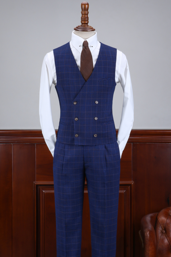 Dark Blue Plaid Notched Lapel 3-Piece Business Suits