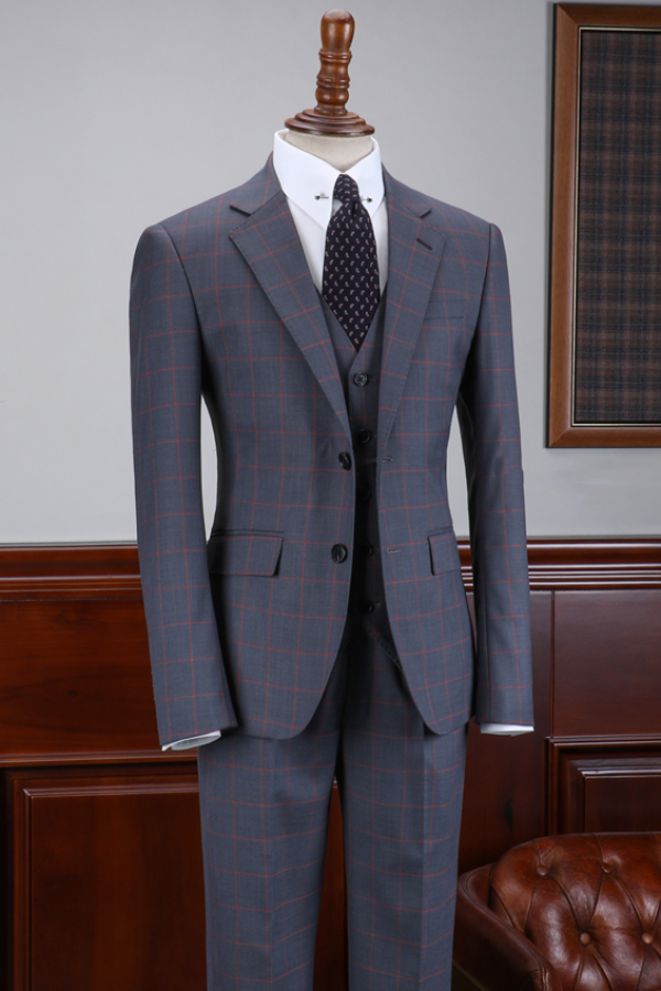 Gray Plaid Notched Lapel 3-Piece Business Suits