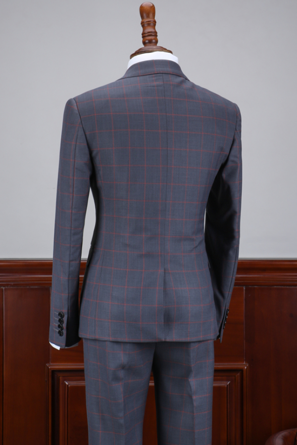 Gray Plaid Notched Lapel 3-Piece Business Suits