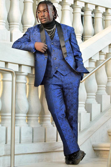 3 Piece Dark Blue Jacquard Men's Prom Suit with Black Satin Shawl Lapel