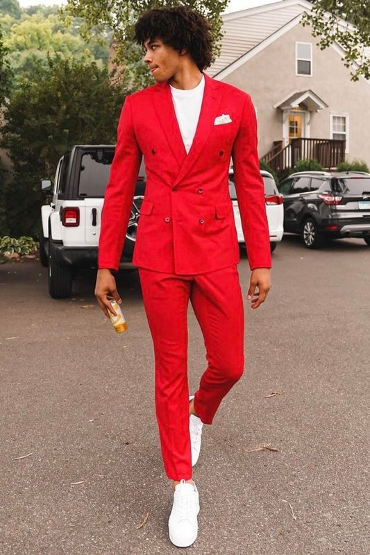 Modern Bright Red Double Breasted Slim Fit Prom Suit