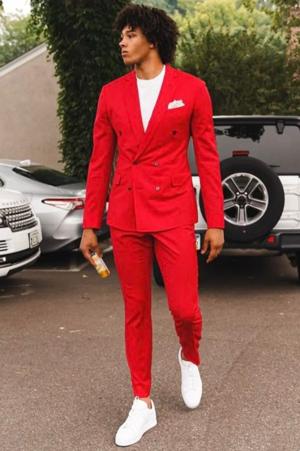 Modern Bright Red Double Breasted Slim Fit Prom Suit