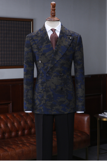 Camouflage Slim Fit Peaked Lapel Retro Double Breasted Men suit