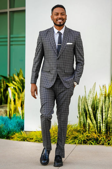 Classic Gray Plaid Notched Lapel Business Men Suit