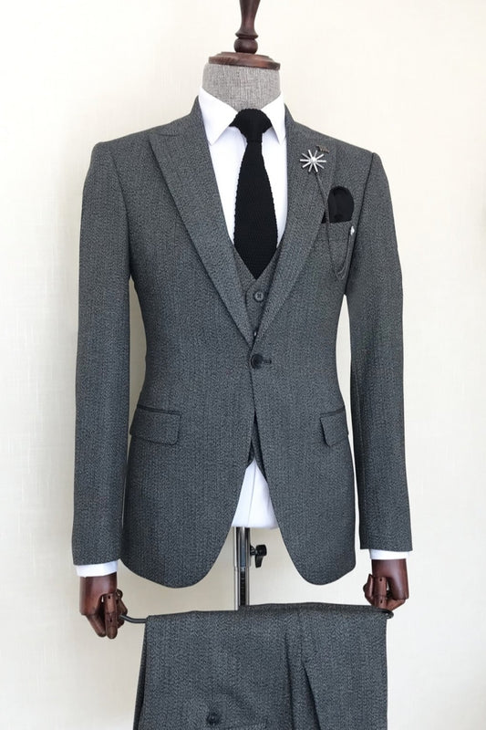 Slim Fit Gray 3 Piece One Button Peaked Lapel Business Formal Suit
