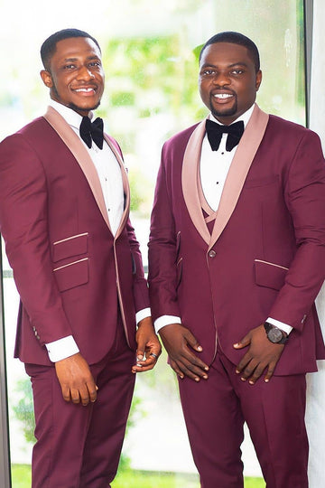 Stylish Burgundy 3-Piece Shawl Lapel Groomsmen Suit
