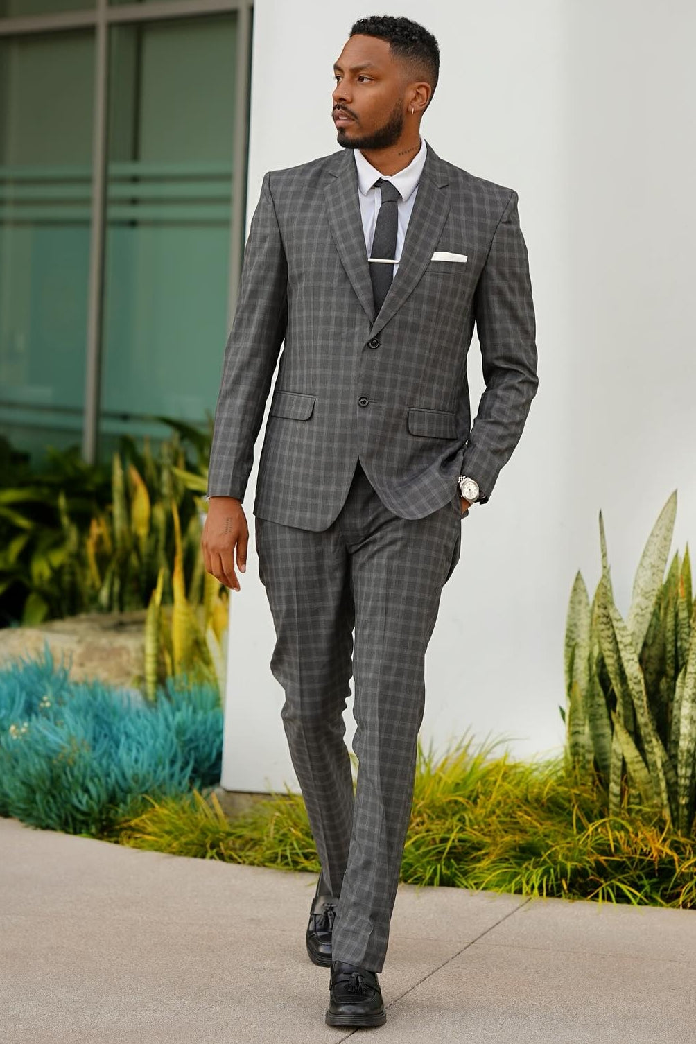 Classic Gray Plaid Notched Lapel Business Men Suit