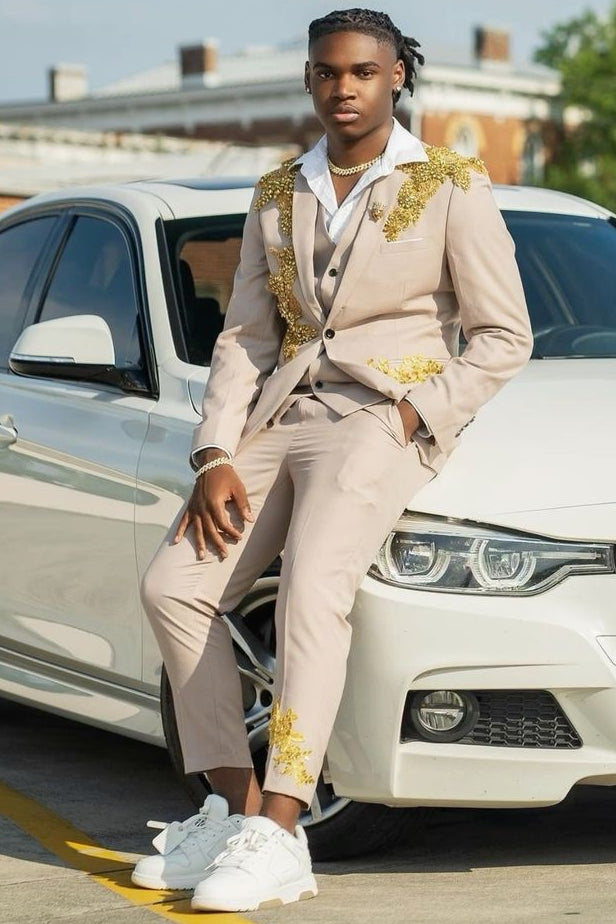 Luxury Beaded Gold Appliques 3 Piece Light Khaki Prom Suit