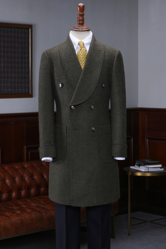 Gray Shawl Lapel Double-Breasted Mid-Length Coat