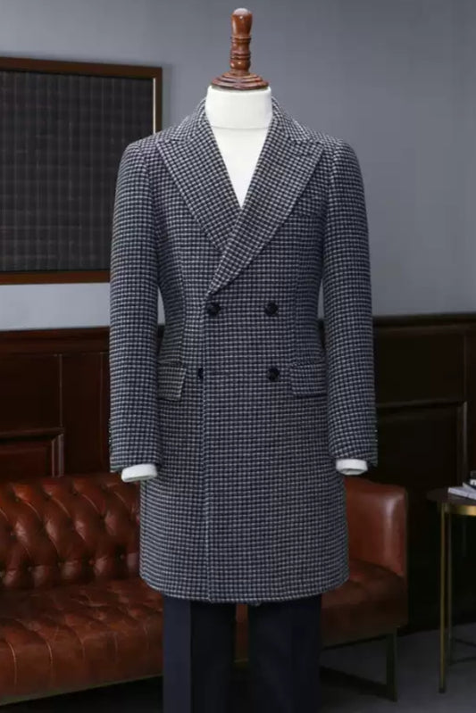 Houndstooth Peaked Lapel Double-Breasted Vintage Wool Men's Coat