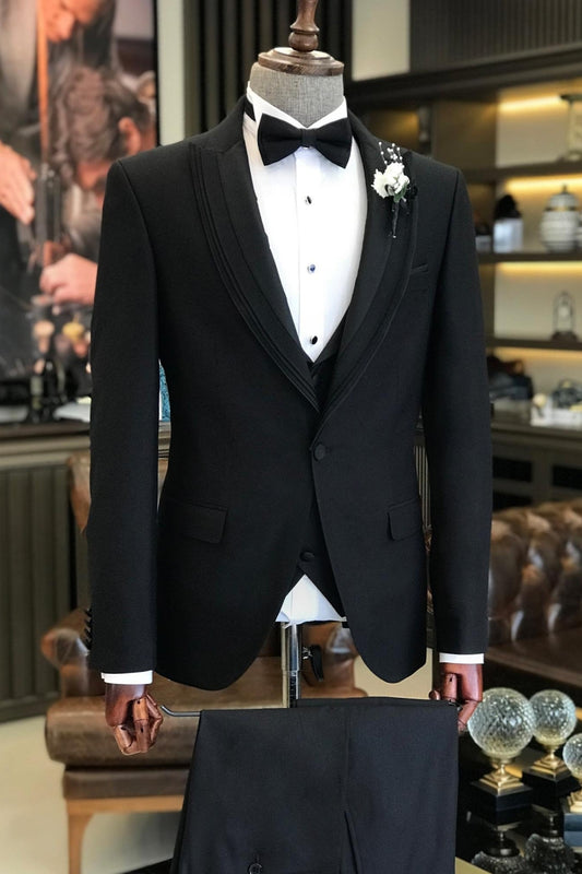 Popular 3 Piece Tiered Peaked Lapel Black Groom Wedding Suit