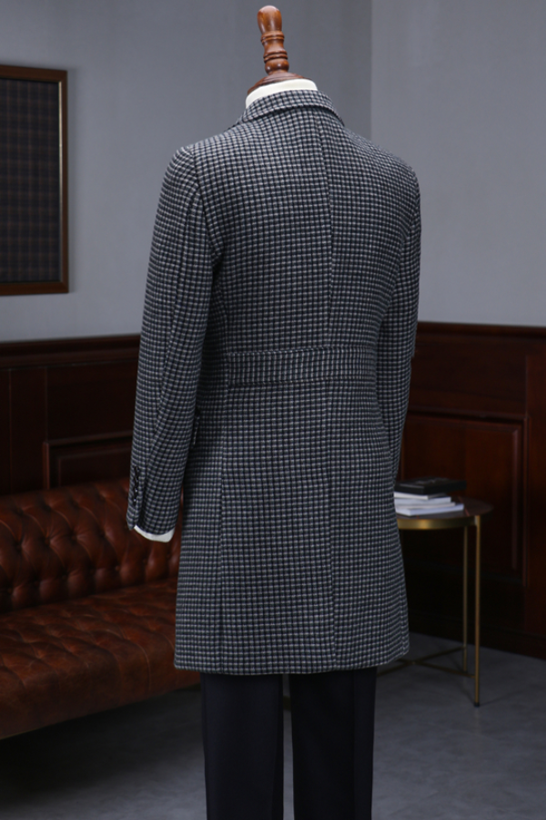 Houndstooth Peaked Lapel Double-Breasted Vintage Wool Men's Coat
