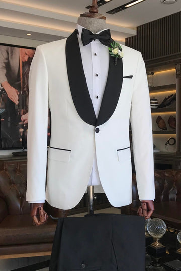Traditional White Wedding Suit with Black Shawl Lapel and Pants