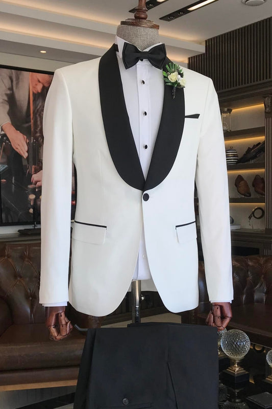 Traditional White Wedding Suit with Black Shawl Lapel and Pants