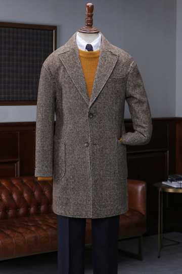 Coffee Herringbone Wool Micro-Profile Casual Men Coat