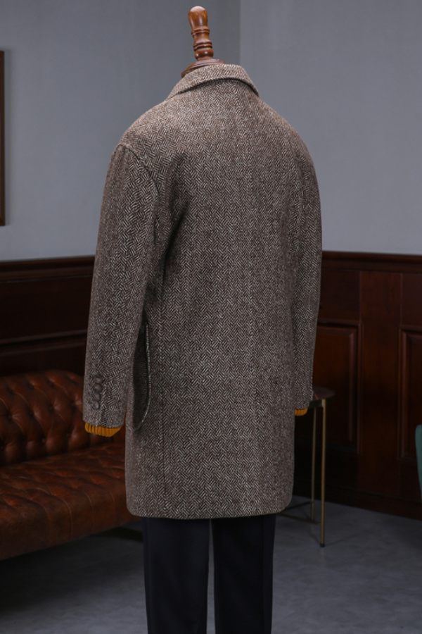 Coffee Herringbone Wool Micro-Profile Casual Men Coat