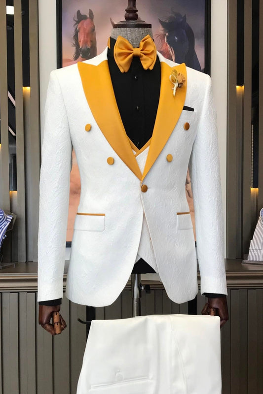 Textured White Jacquard 3 Piece Suit for Prom Wedding with Gold Lapel Buttons