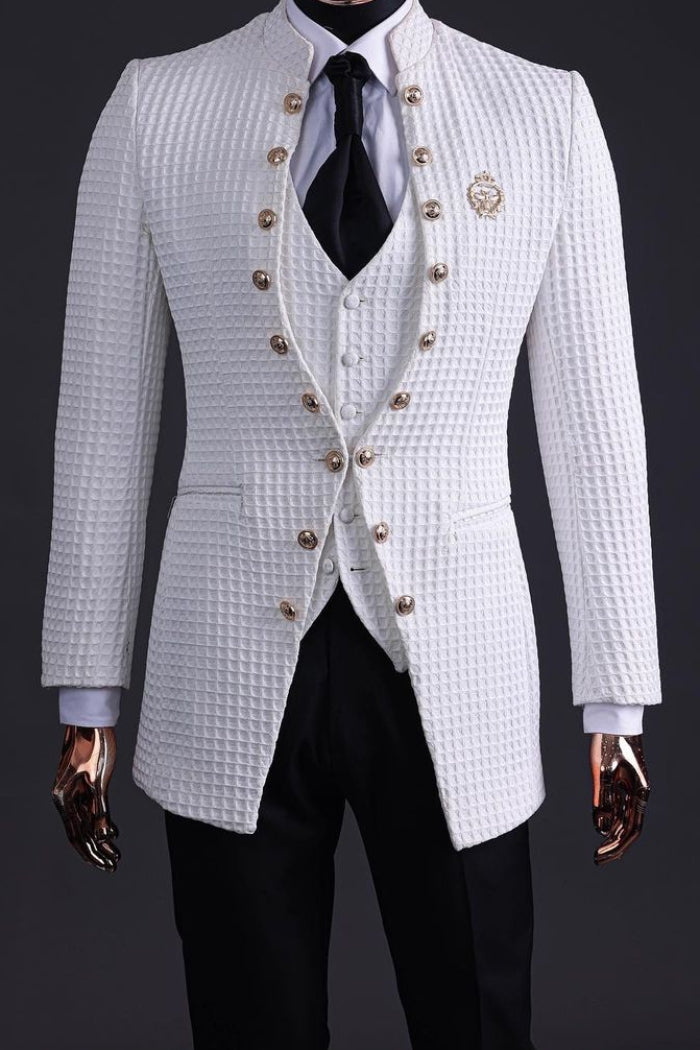 Exquisitely Tailored 3 Piece Waffle Plaid White Business Suit with Buttons
