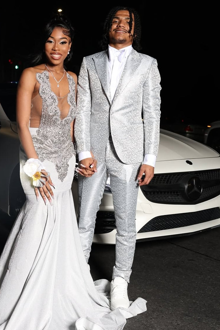 Popular 2 Piece Silver Gray Jacquard Peak Lapel Prom Suit
